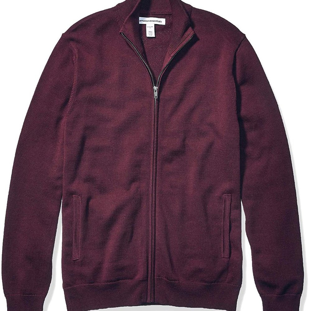 Essentials Men's Cotton Full-Zip Sweater, Burgundy